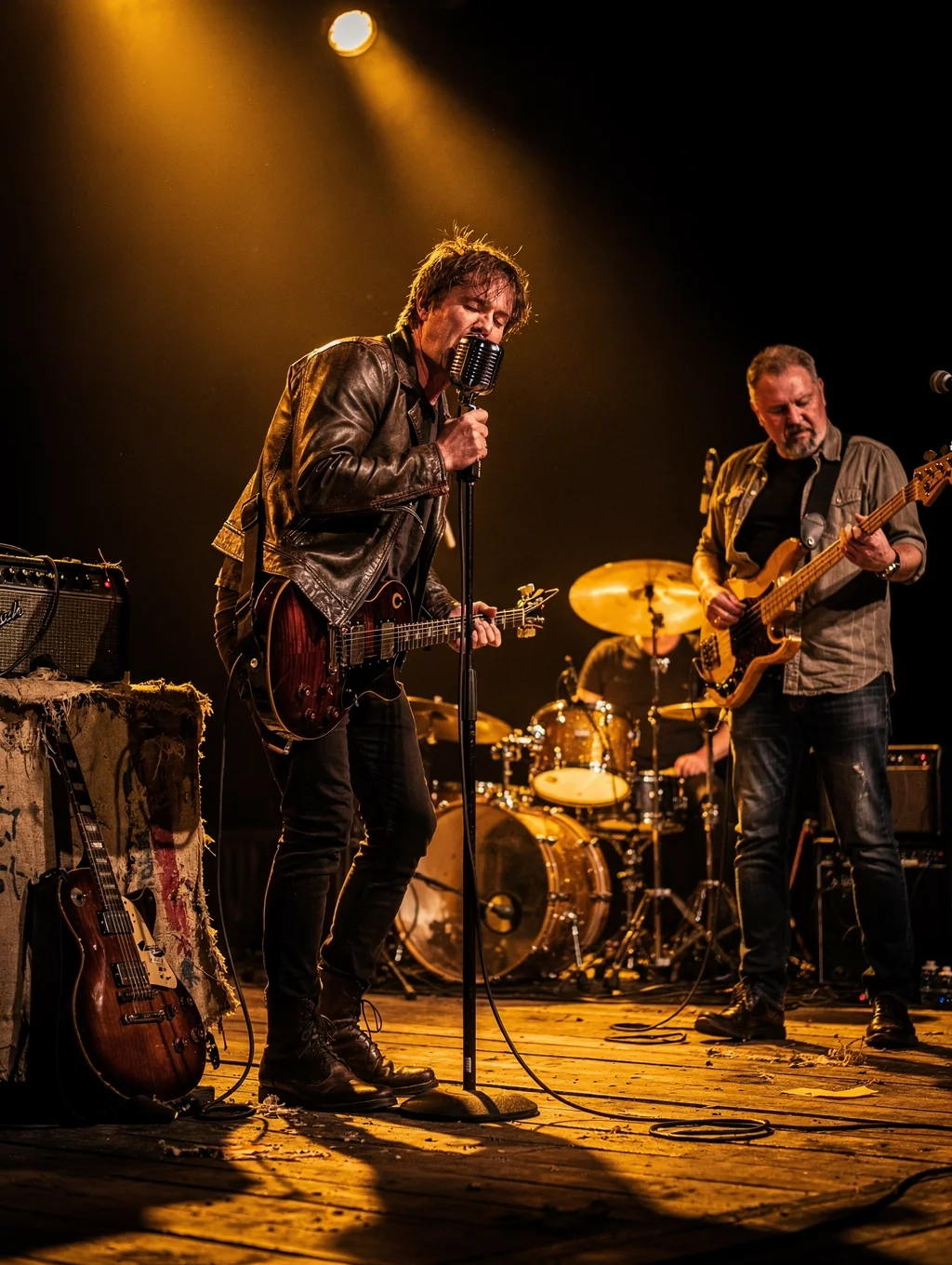 Live concert stage performance under theatrical spotlights